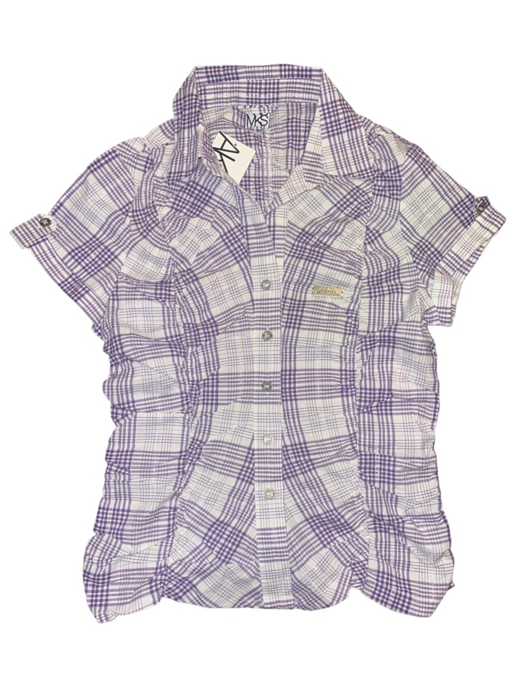 AKADEMIKS PLAID RUCHED SHORT SLEEVE BLOUSE SIZE MEDIUM (NEW WITH TAGS) A19